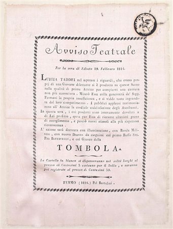 Avviso teatrale per una rappresentazione con Luigia Taddei, Fermo, 19...
