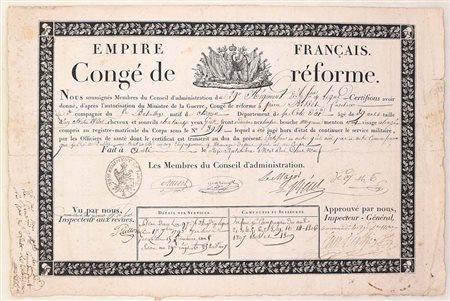 Congé de réforme con certificato sanitario allegato, Impero Francese, 1809...