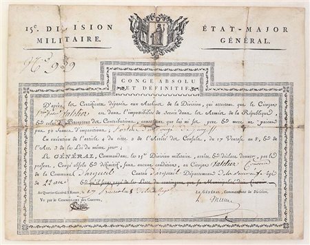 Congé absolu et définitif, 15e Division Militaire, État-Major Général,...