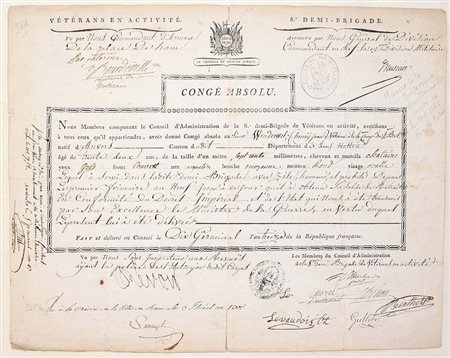 Congé absolu. Division militaire – 8e demi-brigade de vétérans, 1804-1805...
