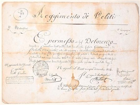 Reggimento de’ Veliti, De Lorenzo, 25 dicembre 1814 Documento manoscritto su...
