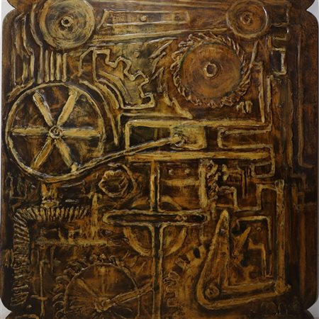 G. Belfiore - Panello decorativo raffigurante Ingranaggi e croce nei toni dell'ocra