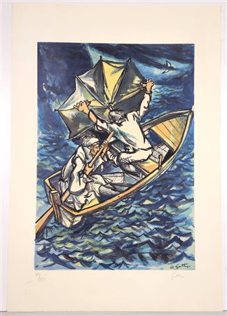 RENATO GUTTUSO, 67 X 46 cm, “La barca nella tempesta” Litografia a colori su...
