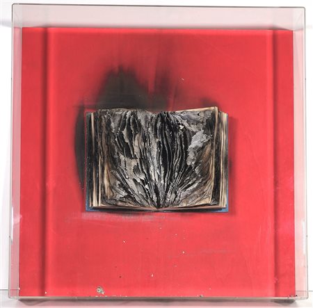 BERNARD AUBERTIN, 60 X 60 cm, ”Livre Brulè" Libro bruciato su tavola rossa....
