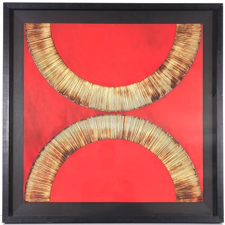 BERNARD AUBERTIN, 70 X 70 cm, ”Dessin de Feu sur table Rouge" Acrilico e...