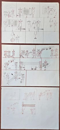 PINO PASCALI x Lodolo Film, 24 X 34 cm cad., lotto di tre matite e pastelli...
