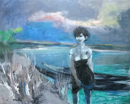 GIUSEPPE MOTTI, 50 X 60 cm, (1908-1988) sera sul po 1959, olio su tavola,...