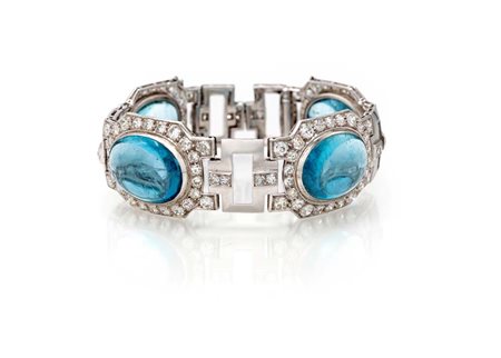 Bracciale Art Decò in oro, diamanti e acquamarine in taglio cabochon Oro...