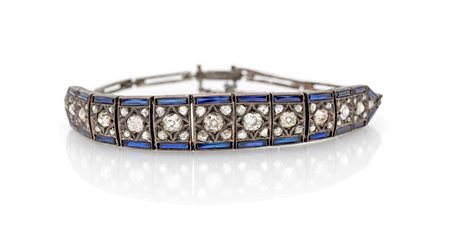 Bracciale Art Decò in argento, diamanti e zaffiri Argento. Diamanti in taglio...