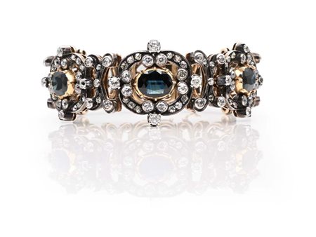 Bracciale antico in oro, argento, diamanti e zaffiri Oro giallo a basso...