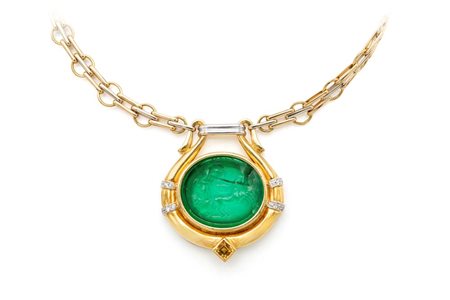 Collana in oro, pasta vitrea, zaffiro giallo e piccoli diamanti Oro giallo e...