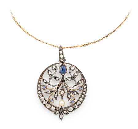 Pendente Art Nouveau in oro, diamanti perla e zaffiro Oro giallo e bianco...