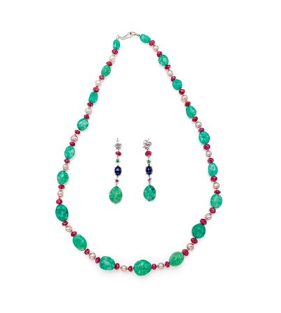 Parure di collana e orecchini in oro, smeraldi, rubini e perle Oro bianco...