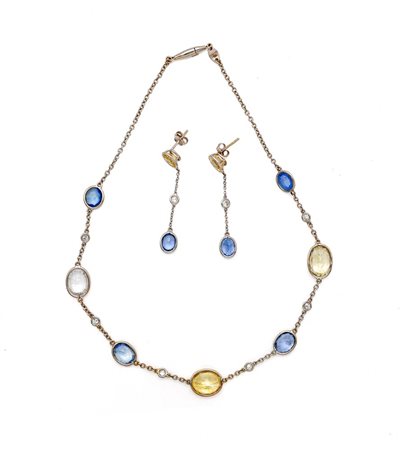 Faraone - Parure di collana e orecchini in oro, zaffiri multicolor e...