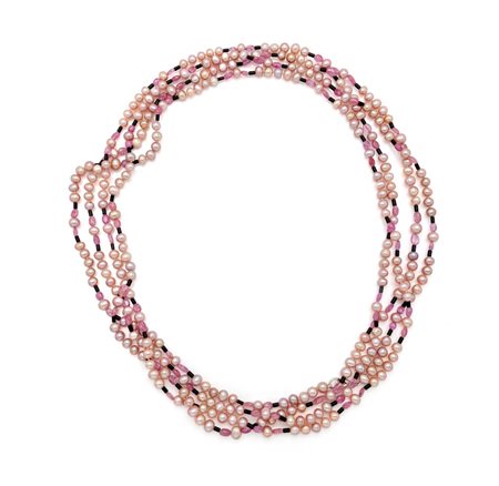 Lunga collana ombellicale in perle, tormaline ed onice Perle coltivate mm. 7....