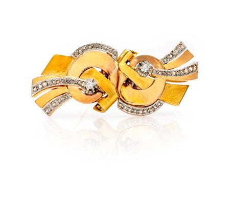 Spilla doppia clipse in oro e brillanti Oro rosa, giallo e bianco 750/000....