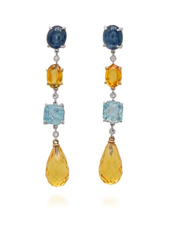 Coppia di orecchini pendenti in oro, zaffiri, acquamarine e brillanti Oro...