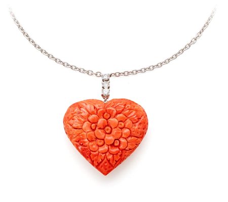 Ansuini - Collana pendente a cuore in oro, brillanti e corallo Oro bianco...