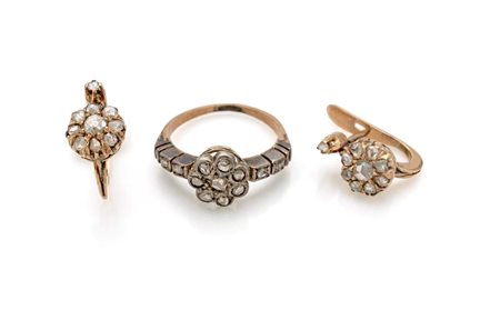 Paure di coppia di orecchini e anello in oro, argento e diamanti Oro giallo...