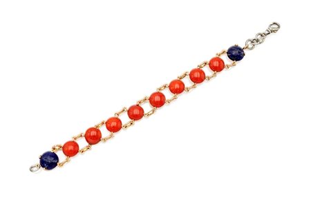 Bracciale in oro, metallo, corallo e lapislazzuli Oro giallo 750/000, finali...