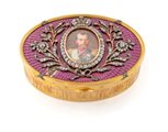 Tabacchiera russa in oro, diamanti e smalti. Oro giallo 585/000. Diamanti in...