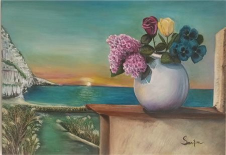 EMANUELE SANZONE, Vaso con fiori e paesaggio marino al tramonto, 2025
