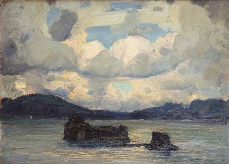 ANDREA TAVERNIER<BR>Torino 1858 - 1932 Grottaferrata (RM)<BR>"Lago Maggiore-Castello di Cannero"