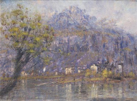 GIUSEPPE ANGELICO DALLABRIDA<BR>Caldonazzo (Trento) 1874 – 1959 Mezzolombardo (Trento)<BR>"Mezzocorona con sullo sfondo il Monte, colto dalla riva del Noce, versante Mezzolombardo"