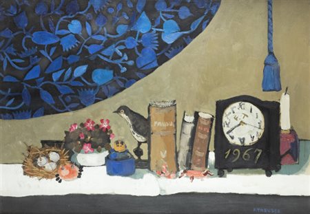 FRANCESCO TABUSSO<BR>Sesto San Giovanni (MI) 1930 - 2012 Torino<BR>"Natura morta del collezionista o Omaggio a E. Baschenis" 1967