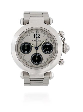 Cartier Pashà cronografo in acciaio Acciaio. Ref.W31048M7. Quadrante bianco...