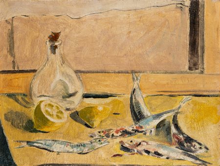 Filippo De Pisis (Ferrara 1896 - Milano 1956)  - Natura morta con pesci, limoni e bottiglia, 1926