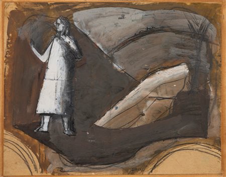 Mario Sironi (Sassari 1885 - Milano 1961)  - Composizione con figura, roccia e albero, 1953 ca.