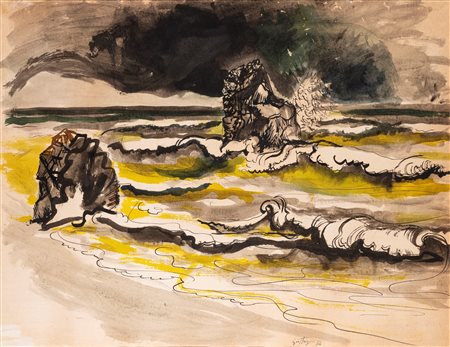 Renato Guttuso (Bagheria 1911 - Roma 1987)  - Marina con onde, 1966