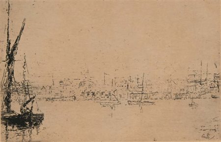 James Ensor (Ostenda 1860 - Ostenda 1949) Vue du port d'Ostende Incisione...