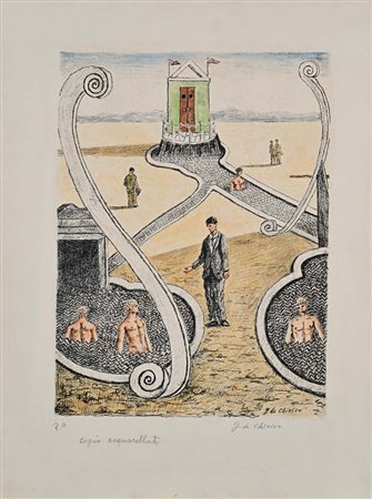 Giorgio De Chirico (Volo 1888 - Roma 1978) L'ospite dei bagnanti misteriosi...