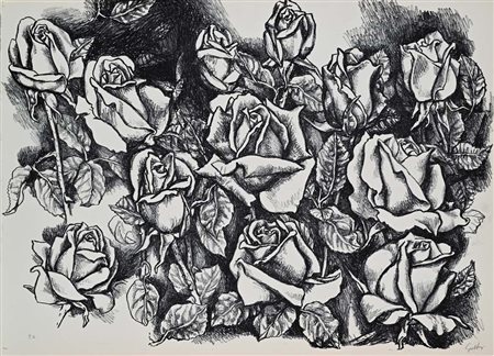 Renato Guttuso (Bagheria 1911 - Roma 1987) Le Rose Litografia cm 50x70 Firma...