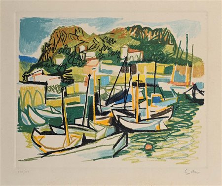 Renato Guttuso (Bagheria 1911 - Roma 1987) Il porto con barche e case...