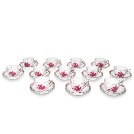 Herend  Hungary (Herend 1826)  - 12 tazze da caffè con piattino decoro Apponyi fucsia reale in porcellana bianca Herend,