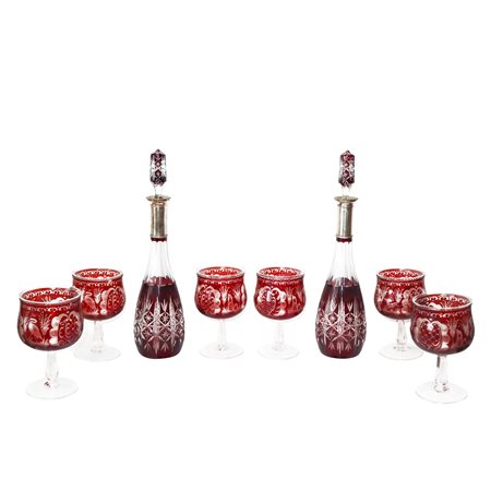 Bohemia - Sei coppe in cristallo Boemia porta caviale rosso rubino incise a mola con motivi animali, vegetali e decorati
