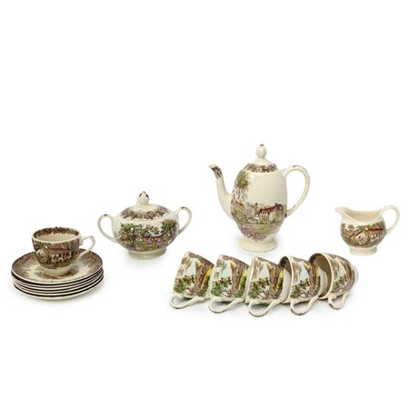 J & G Meakin England (1851 - 2000)  - Servizio da caffè in porcellana policromi,disegno Romantic England, 19° secolo