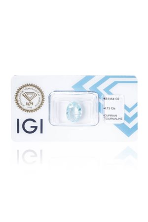 TORMALINA PARAIBA ENTRO BLISTER di ct 4,73, taglio ovale. Certificato di...