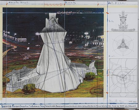 Christo, Wrapped fountain, Project for la Fontana de Jujol, Plaza de Espana, Barcelona 1975 - 2009