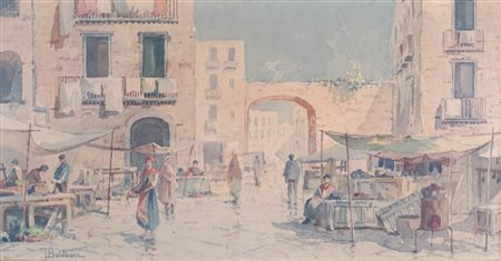 Scuola del secolo XX - Scorcio di paese con mercato