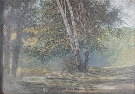 Scuola di inizio secolo XX - Paesaggio boschivo con ruscello e ranocchi