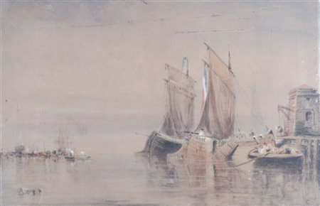 Scuola inglese, secolo XIX - Marina con barche e pescatori