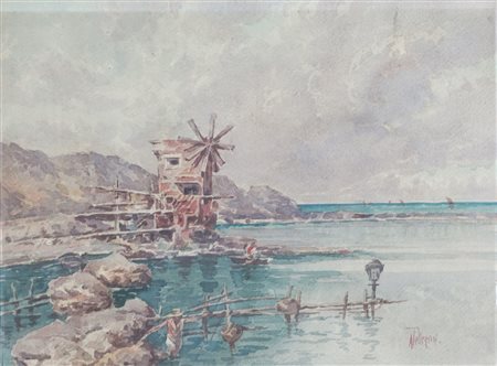 Arturo Pellegrini (Barbona 1926 - ?)  - Paesaggio lacustre con pescatori e mulino a vento