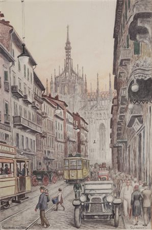 Beppe Giacchi (attivo metà secolo XX)  - Milano, tramonto sul corso