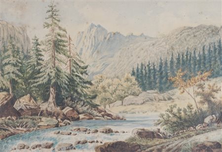 Scuola inglese, secolo XIX - Paesaggio montano con torrente