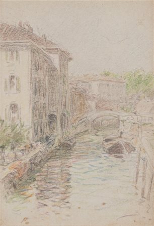 Enrico Intraina (Milano 1870 - 1945)  - Il Naviglio al Tombone di San Marco