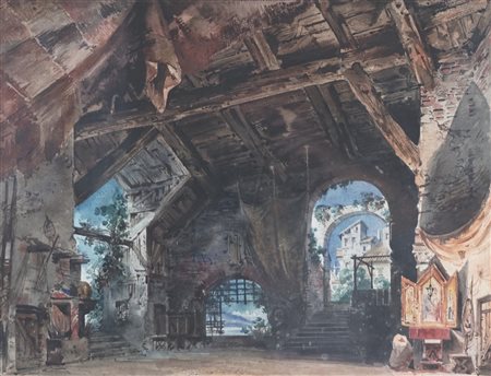Luigi Scrosati (Milano 1815 - 1869)  - Interno rustico con piccolo altare votivo e caseggiato sullo sfondo